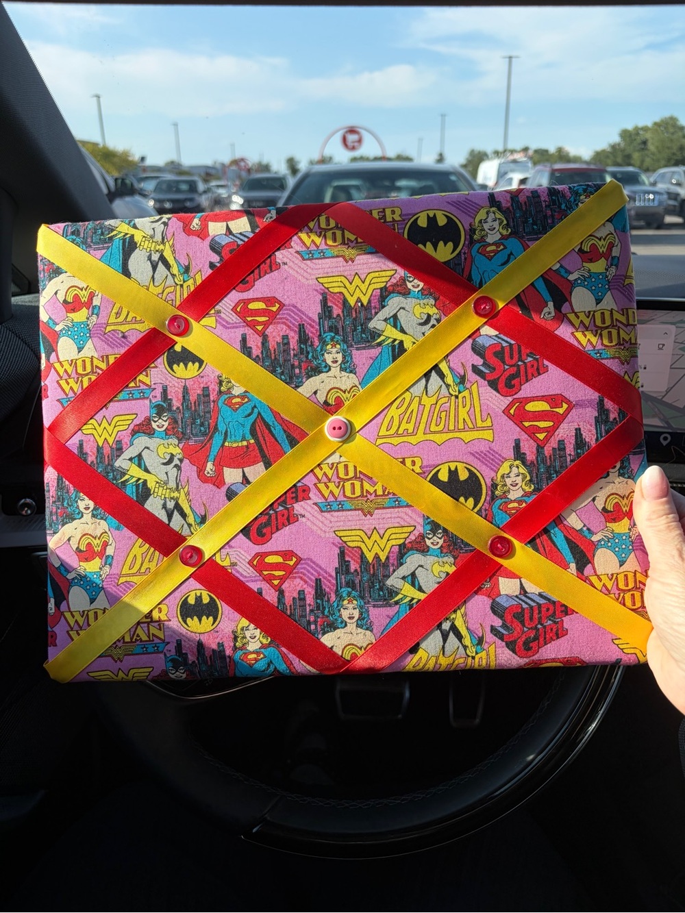 Comic Superhero Fabric Bulletin Board in Pink with Red & Yellow Accents